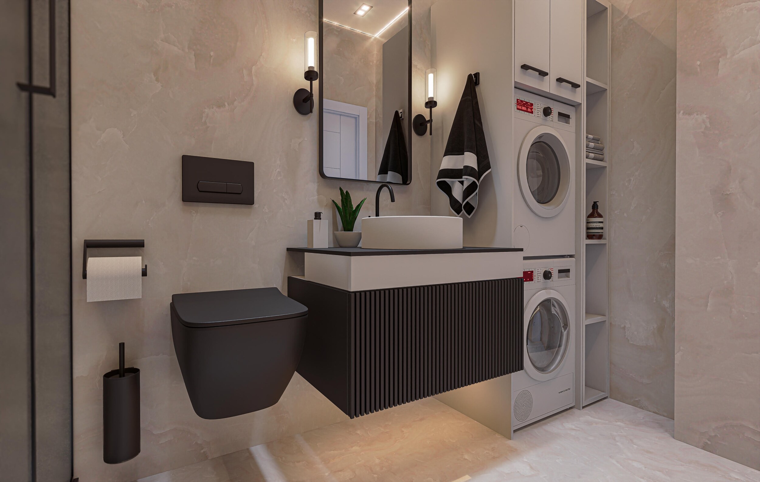 Siyah lavabolu banyo-çamaşır odasında cam duş bölmesi ve makineler, Oba’daki dairede