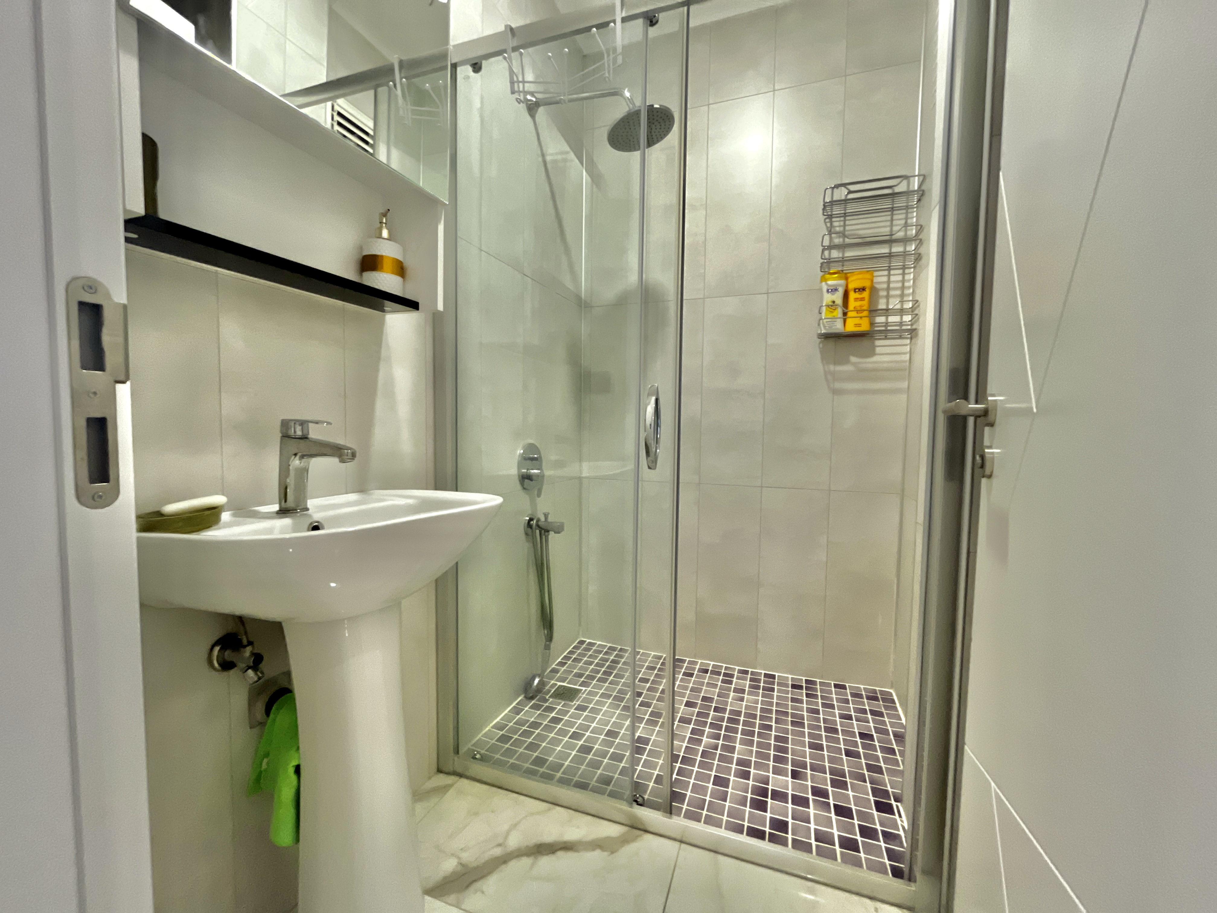 Shower room with glass enclosure, overhead shower and mosaic floor in an apartment
