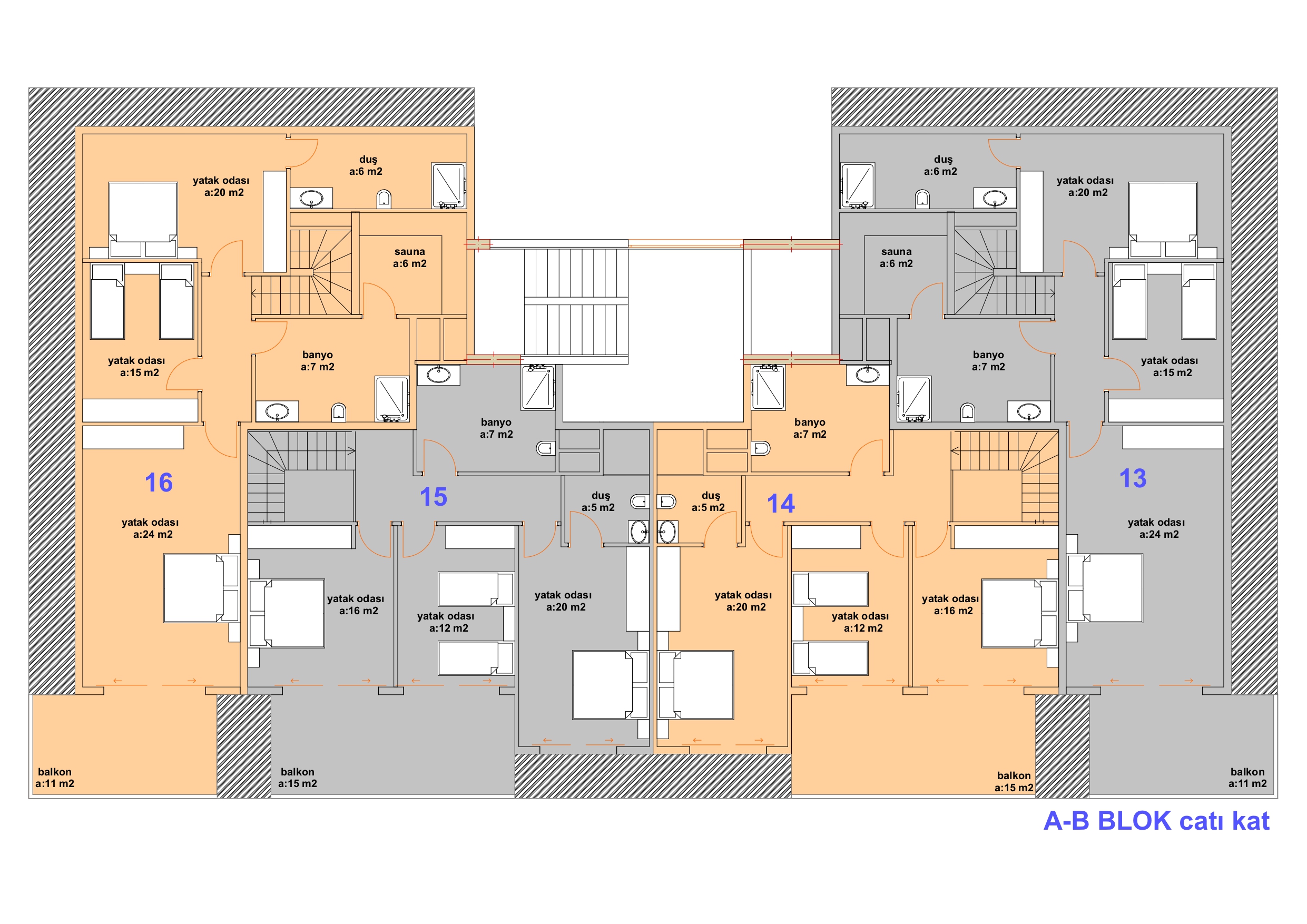 Çatı katı planında yatak odaları, 6 m² saunalar, banyolar ve iç merdivenler