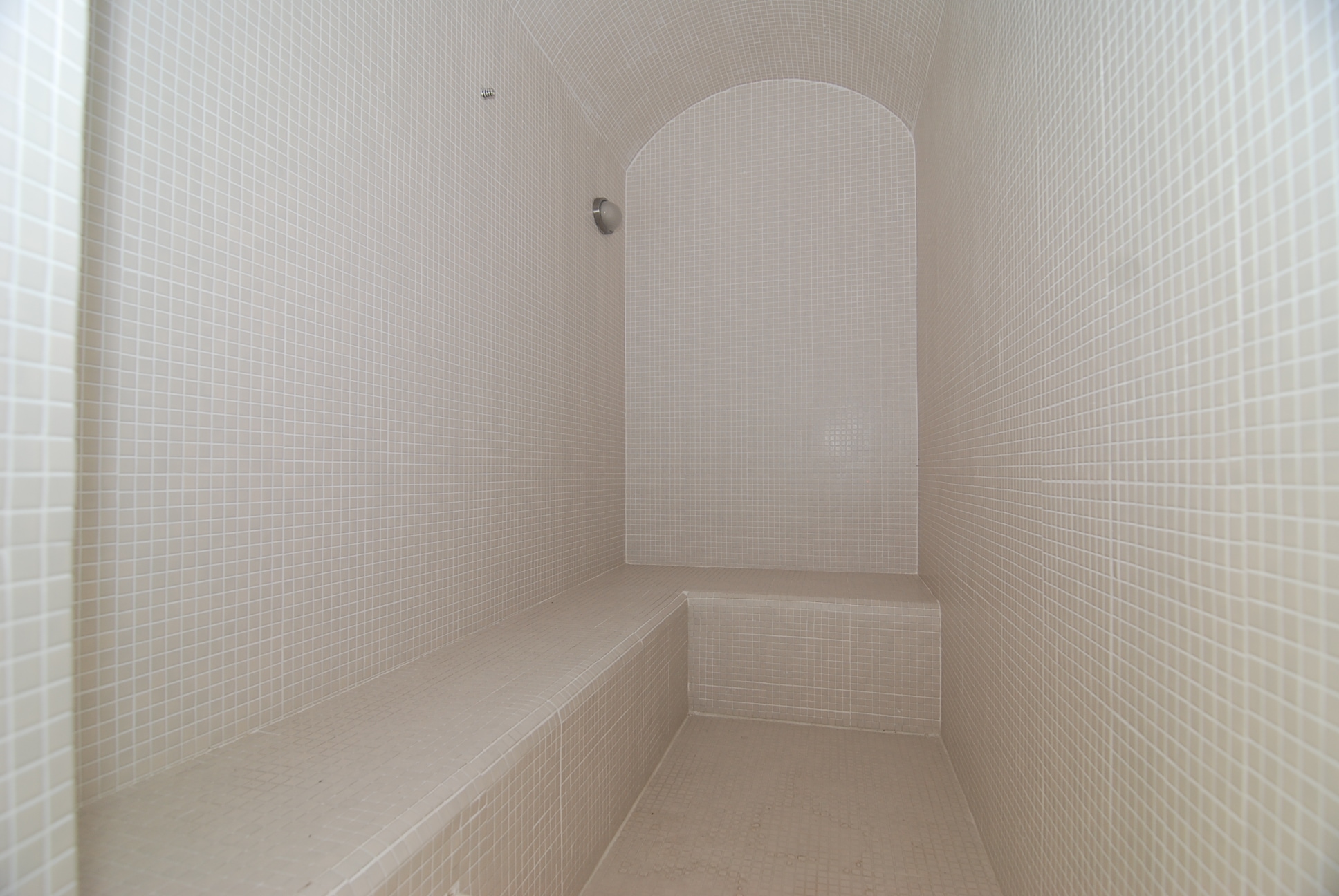 Steam room with mosaic tile walls, an arched ceiling and built-in bench in Alanya
