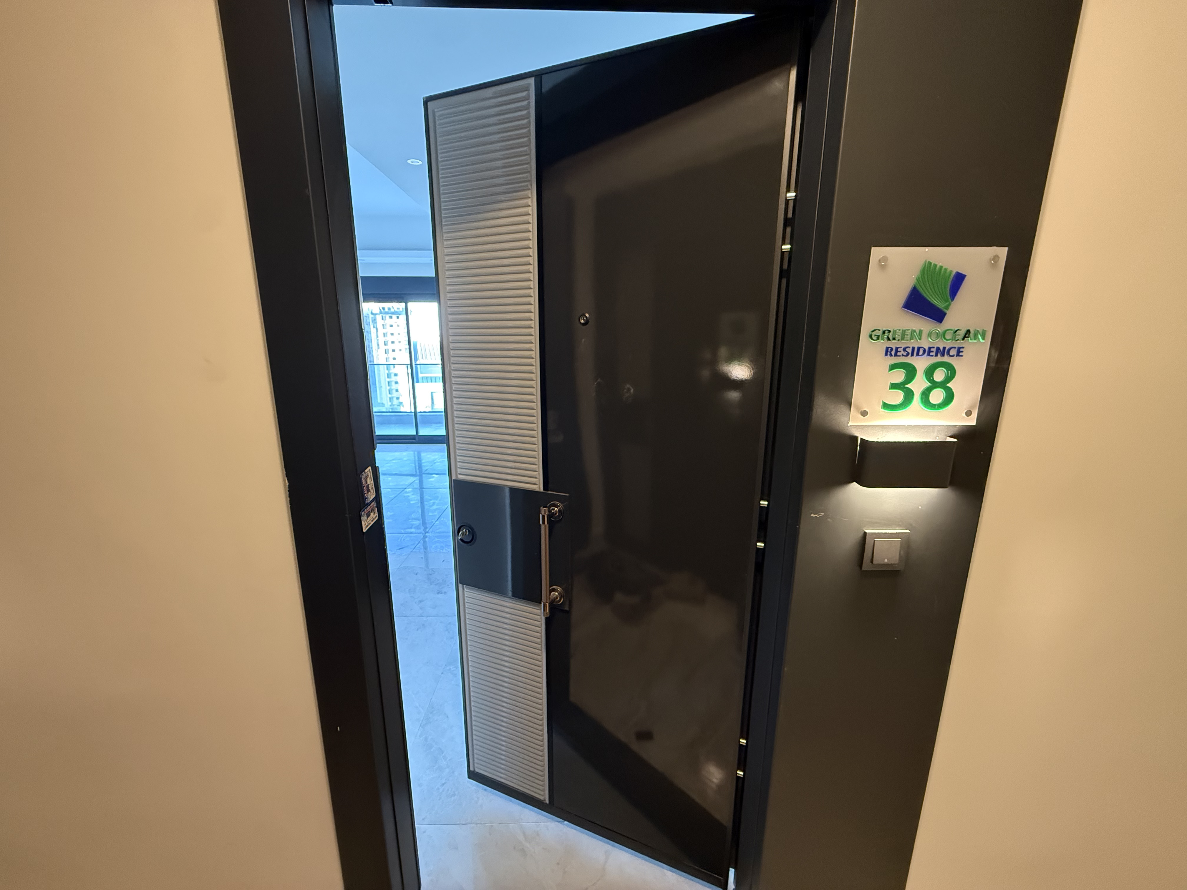 Entrance area with an open black door to a bright room in an apartment for sale