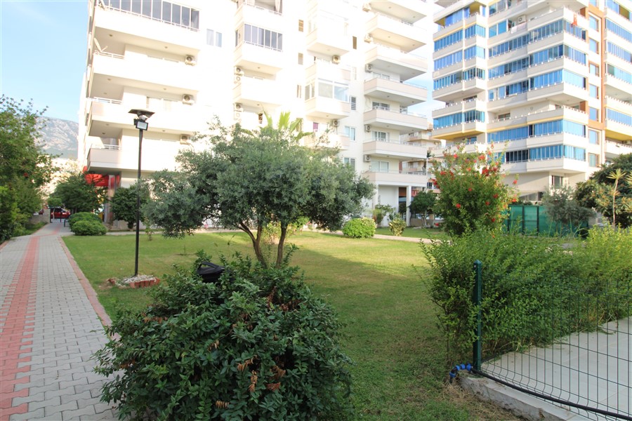 Landscaped grounds with shrubs and an olive tree in a complex with apartments for sale in Mahmutlar