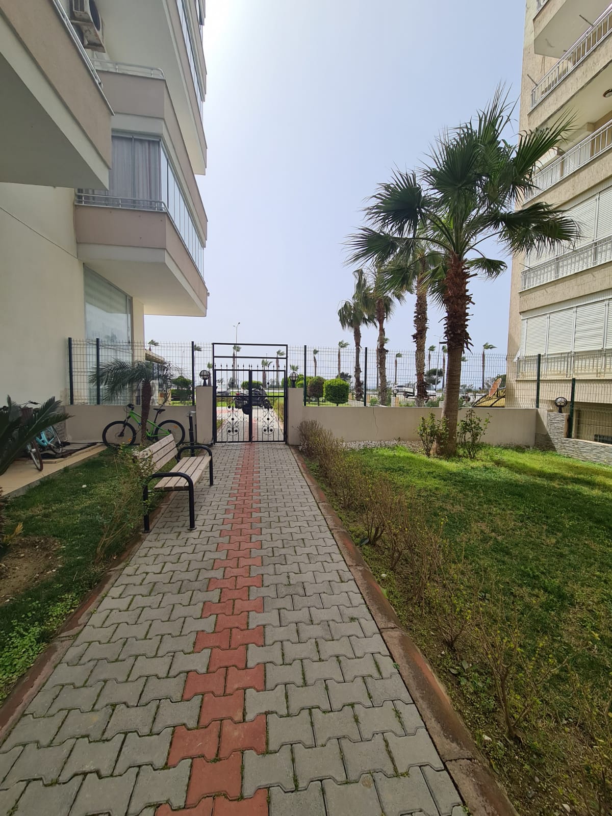 Palmiye sıralı taş yol ve bank Türkiye'de satılık konutların bulunduğu alanın kapısında