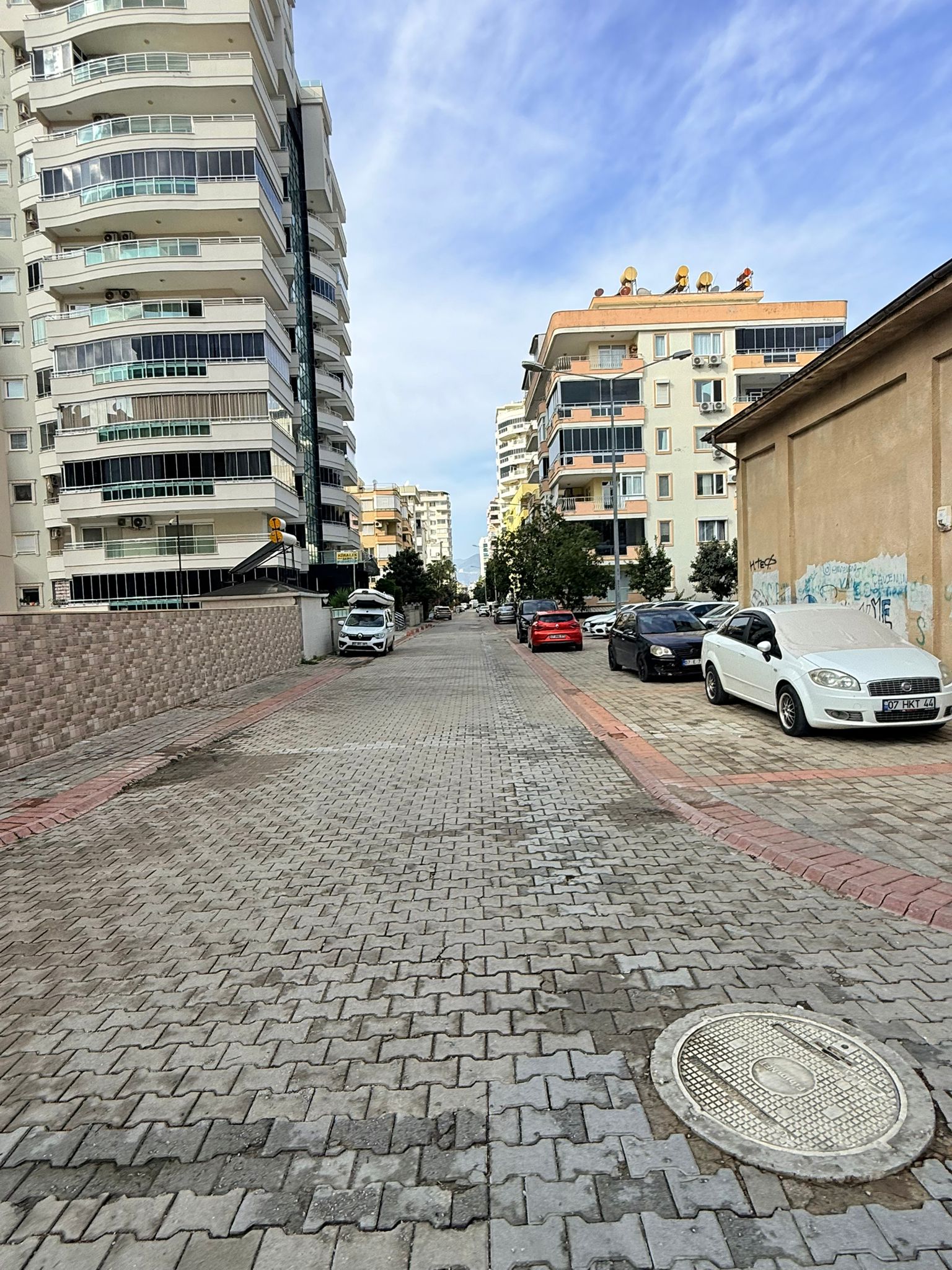 Satılık evlerin bulunduğu konutlar arasında ağaçlı taş döşeli yol ve park etmiş araçlar uzanıyor