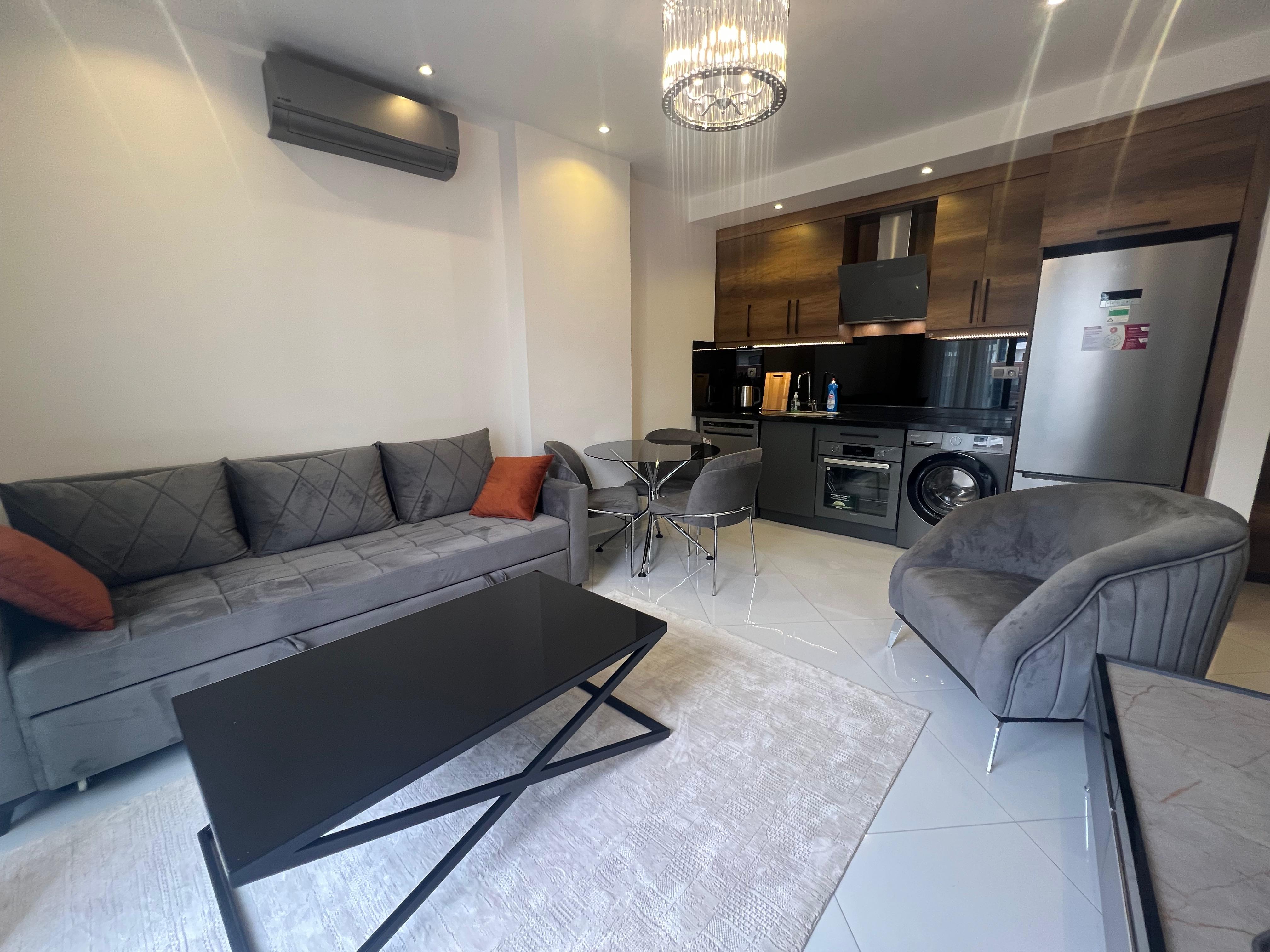 Gray corner sofa and linear cabinets in a kitchen-living room in an apartment for sale in Turkey