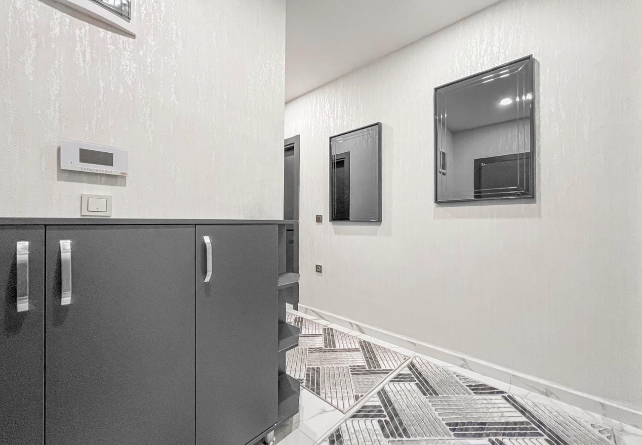 Apartment corridor with dark built-in wardrobe, framed mirrors and textured light walls