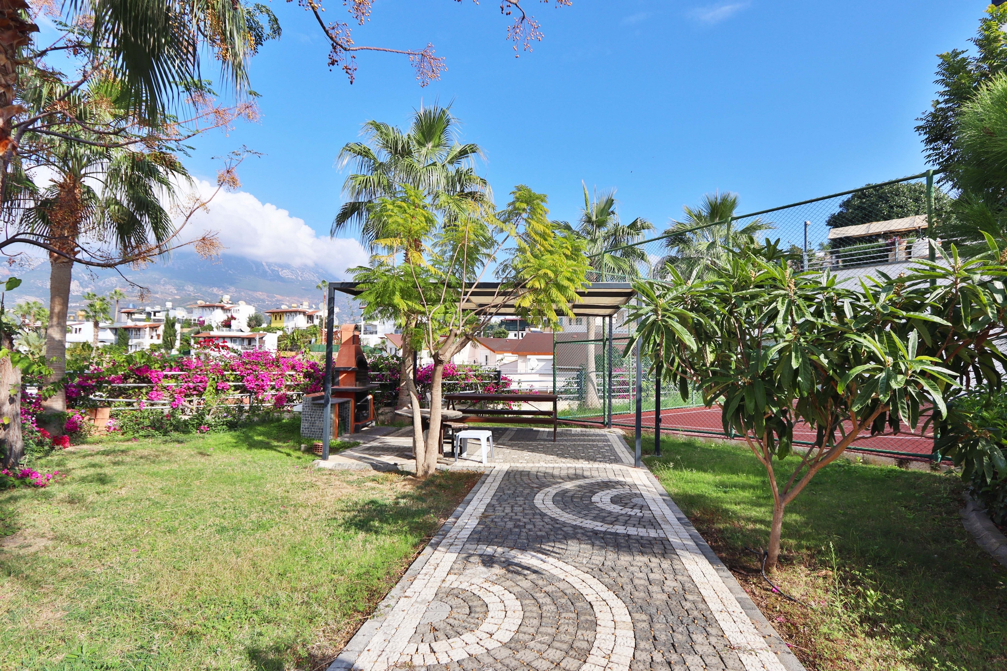 Lawn with palms, a sports court, flowering shrubs and mountain views across the complex grounds