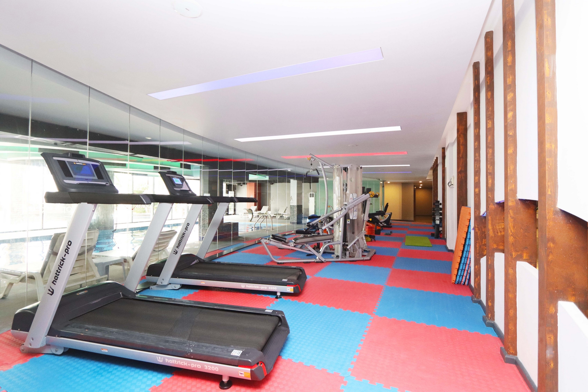 Gym with two treadmills, a strength machine and panoramic windows