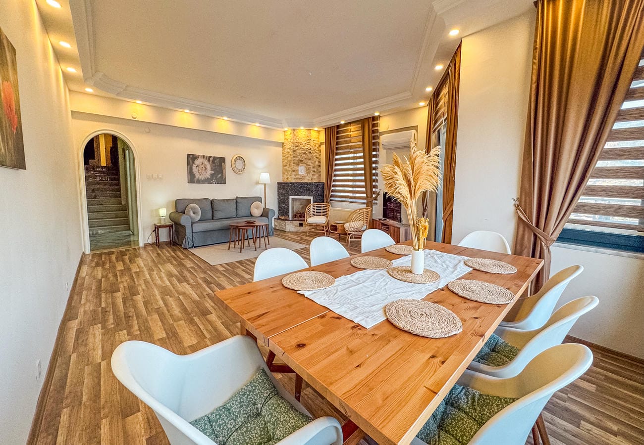 Open-plan kitchen and living room with a fireplace, grey sofa and wooden table in Alanya, Türkiye