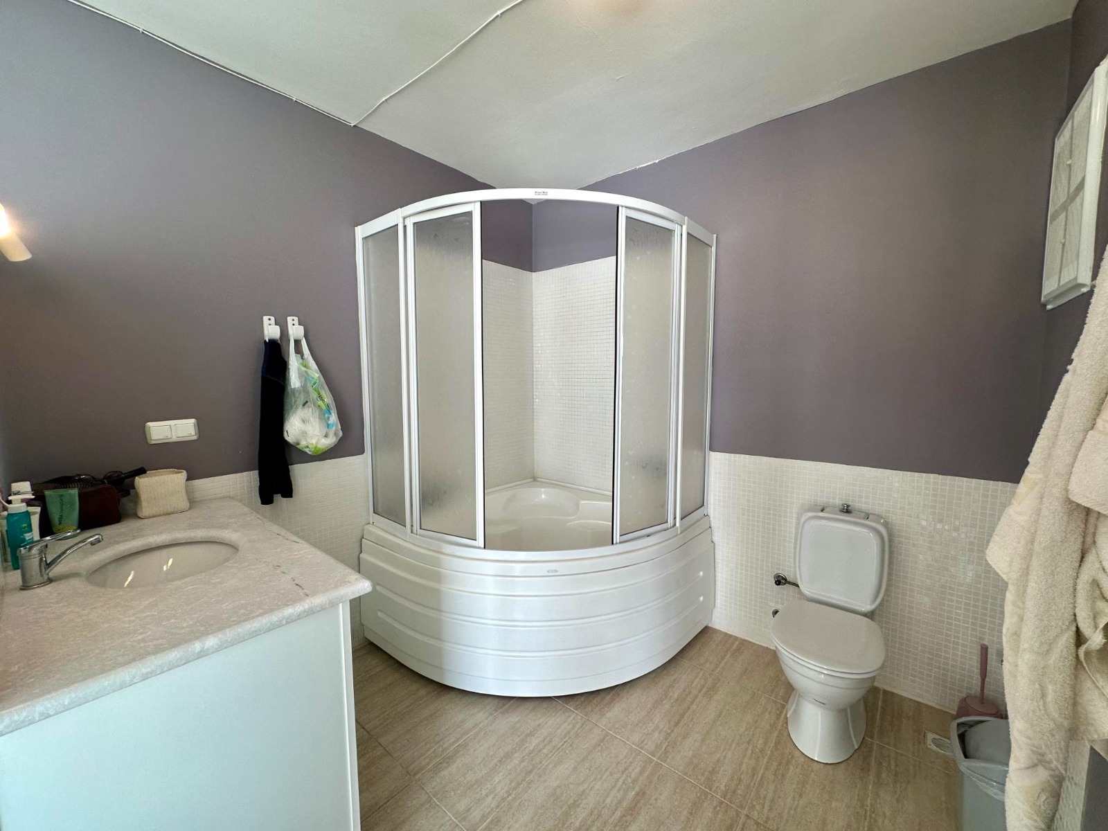 A corner shower, vanity unit and mosaic wall tiles define the bathroom