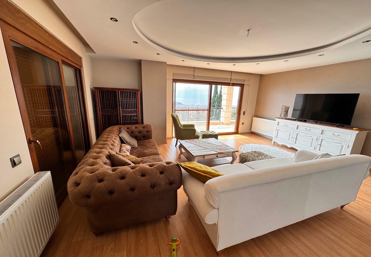 3+1 dairenin salonunda kahverengi kanepe, yeşil berjer ve balkon kapısı