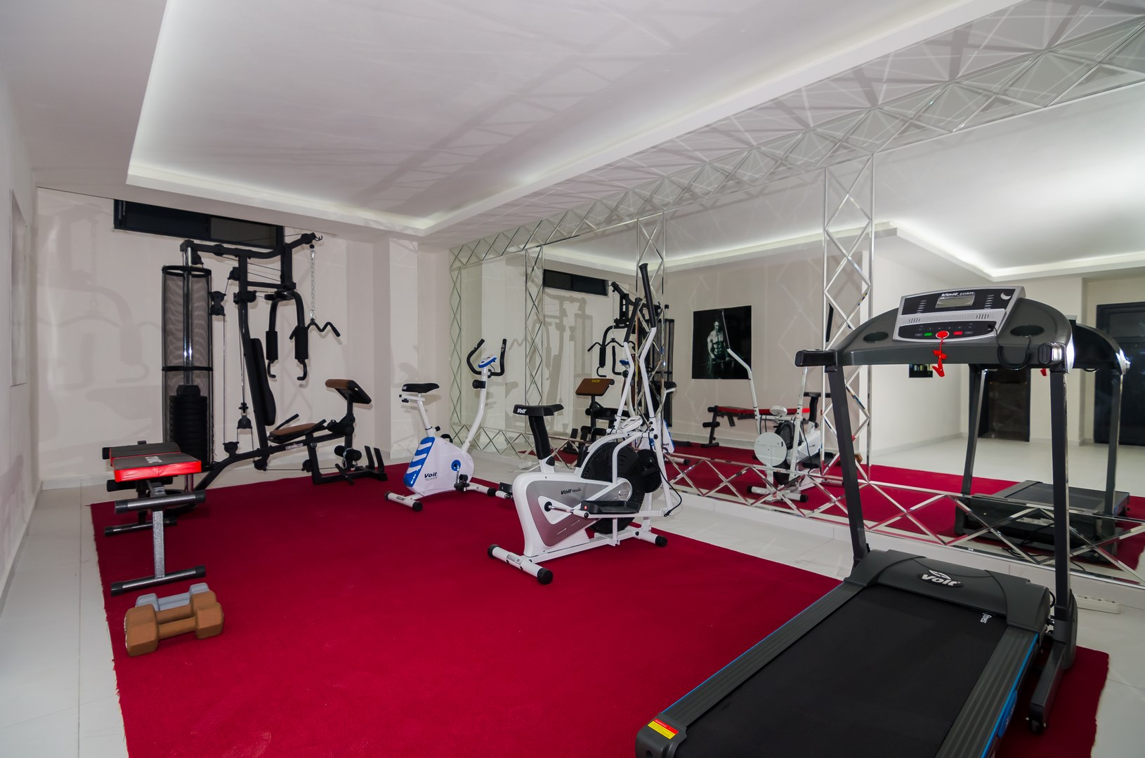 Spor salonunda koşu bandı, beyaz kondisyon bisikletleri ve kırmızı halı üzerinde dambıllar