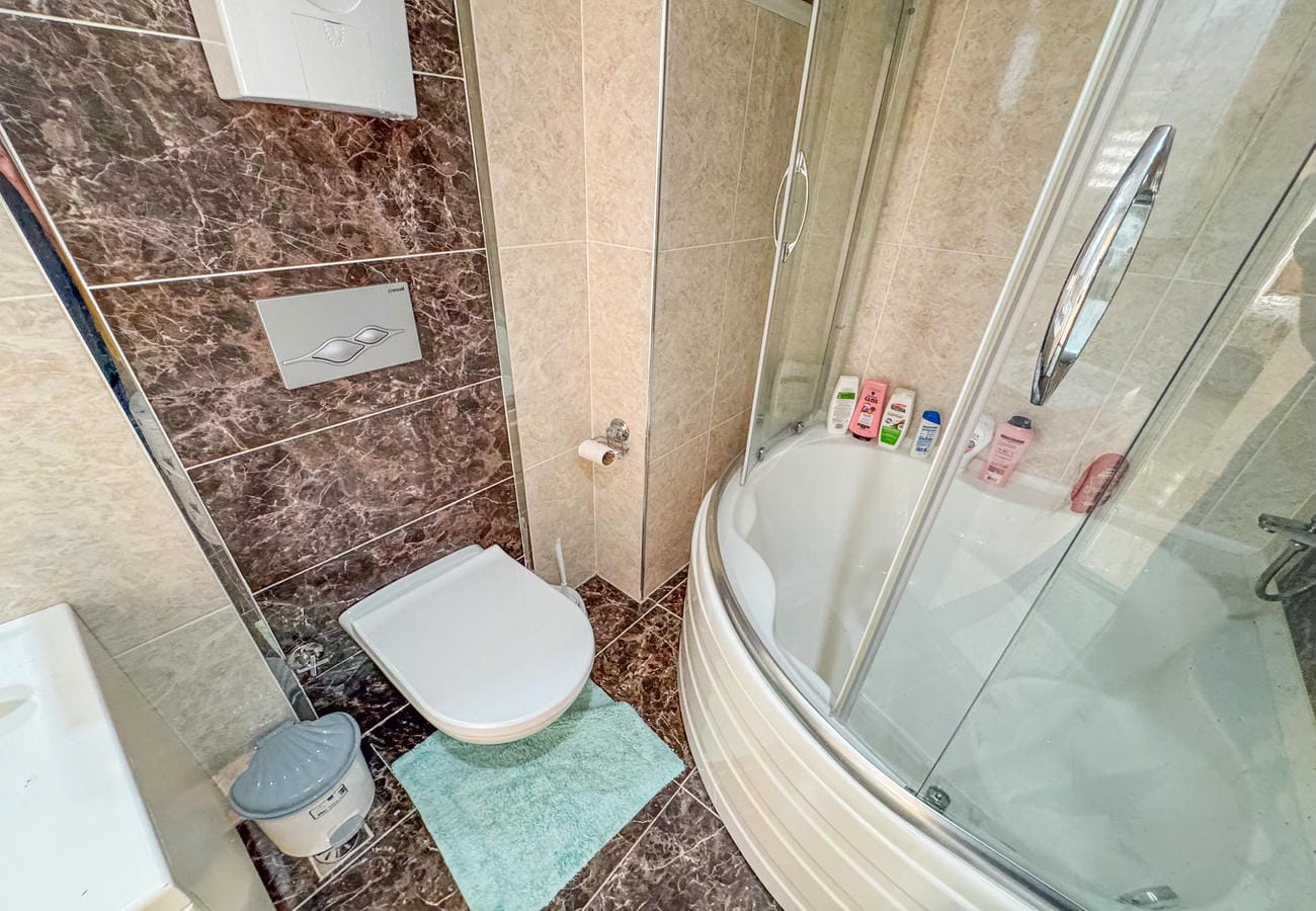 Yuvarlak tabanlı duş kabinli banyo ve bej-kahverengi duvar karoları, penthouse içinde