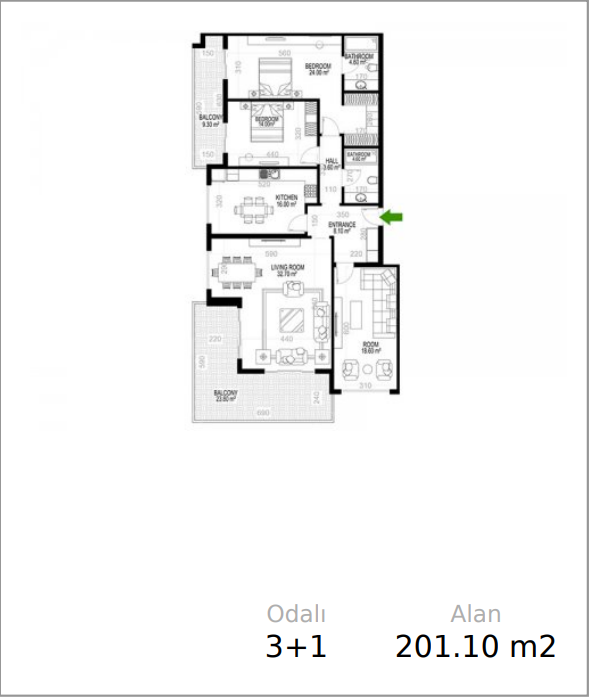 Türkiye’de satıştaki 3+1 planında üç yatak odası, mutfak ve birkaç balkon