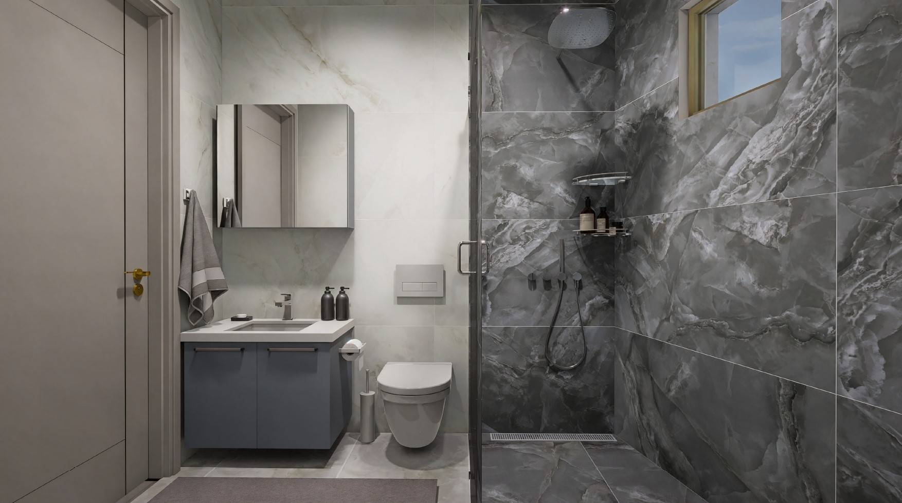 Ванная в Алании с душевой за стеклянной перегородкой, серой мраморной плиткой и нишей