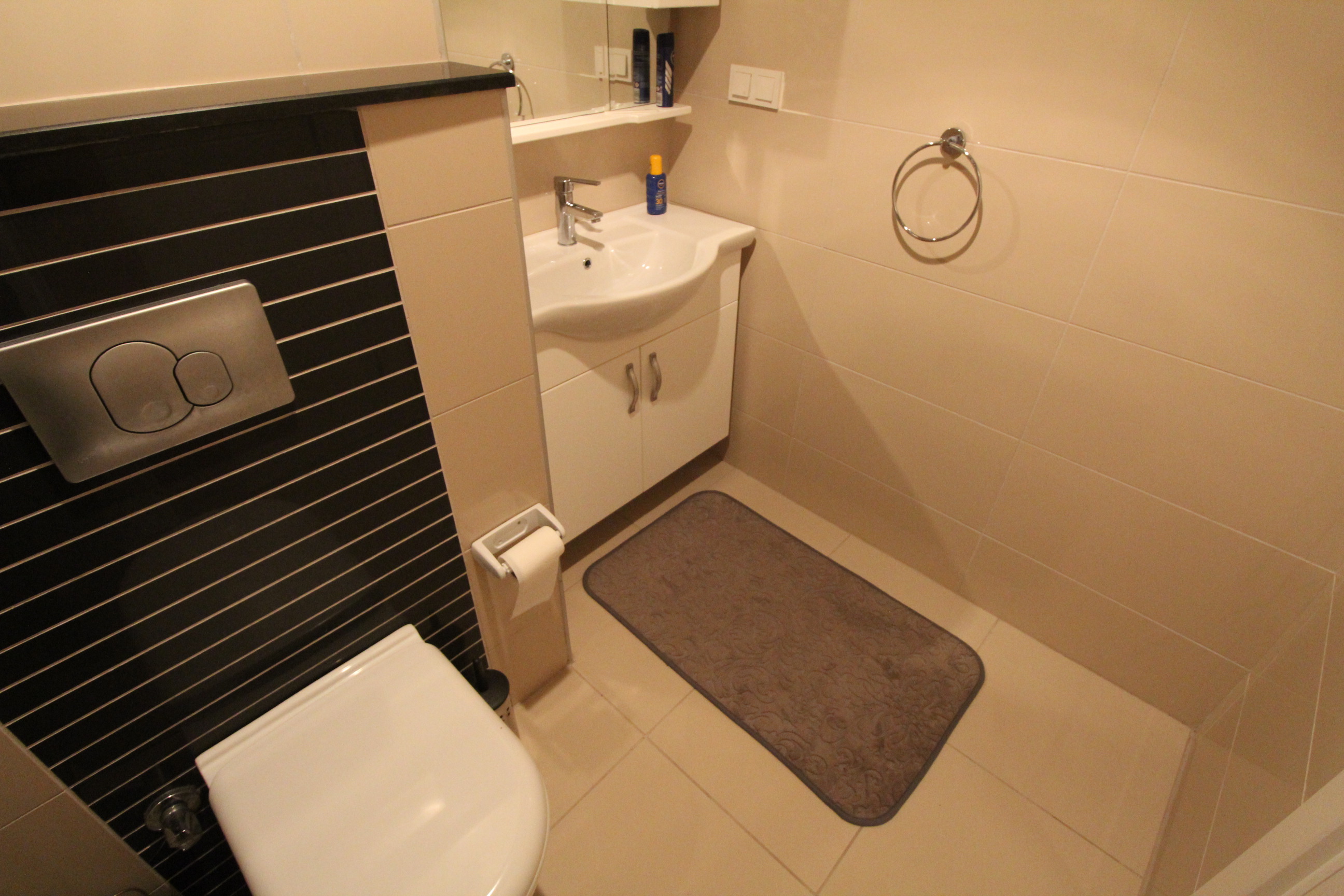 Asma klozetli ve aynalı lavabolu banyo