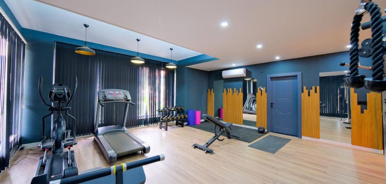 Gym with a treadmill, dumbbell rack, and wall mirror in Oba