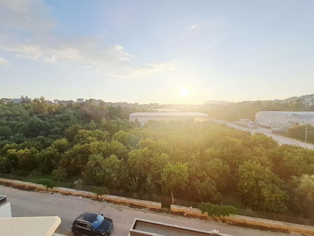 Evening balcony view over a green garden, road, and cityscape in Turkey, where homes are for sale