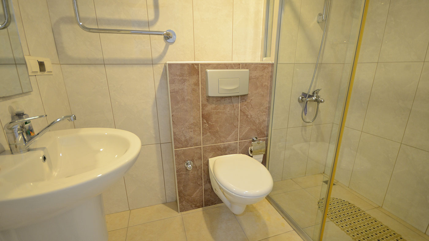 Cam duş alanlı banyo ve duvara asılı klozet, konutta