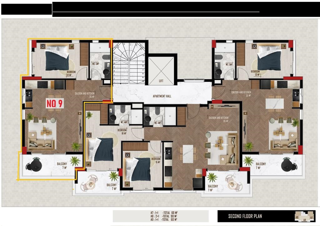 7 m² balkon, yatak odası ve mutfak-salonun yer aldığı plan Oba’daki yapıyı gösteriyor