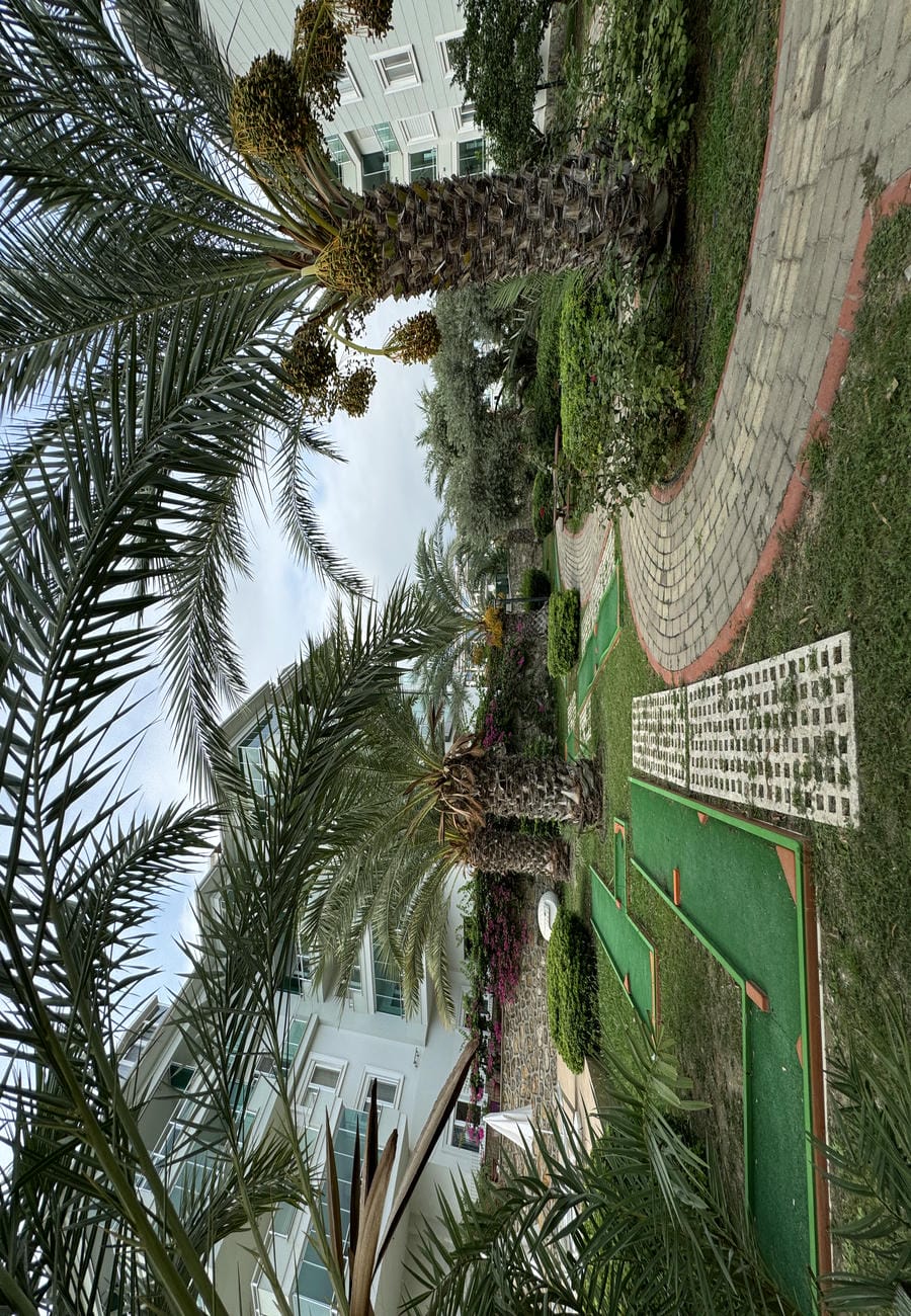 Palmiyeler arasındaki mini golf sahası ve kıvrımlı bahçe yolu, Oba’daki konut kompleksinde
