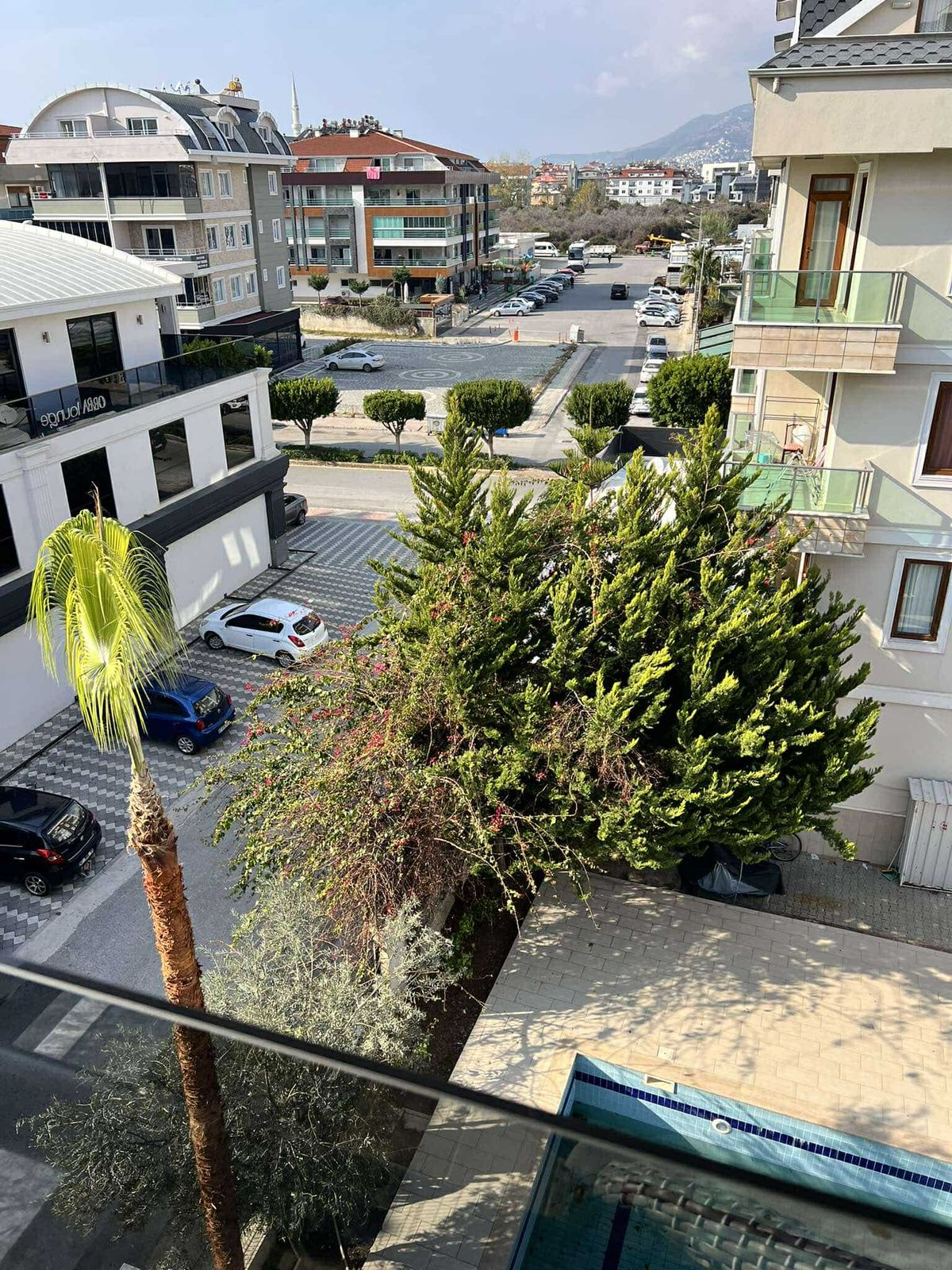Palmiyeli şehir sokağı ve aşağıdaki havuz Türkiye’de satışta olan konutun manzarasında görülüyor