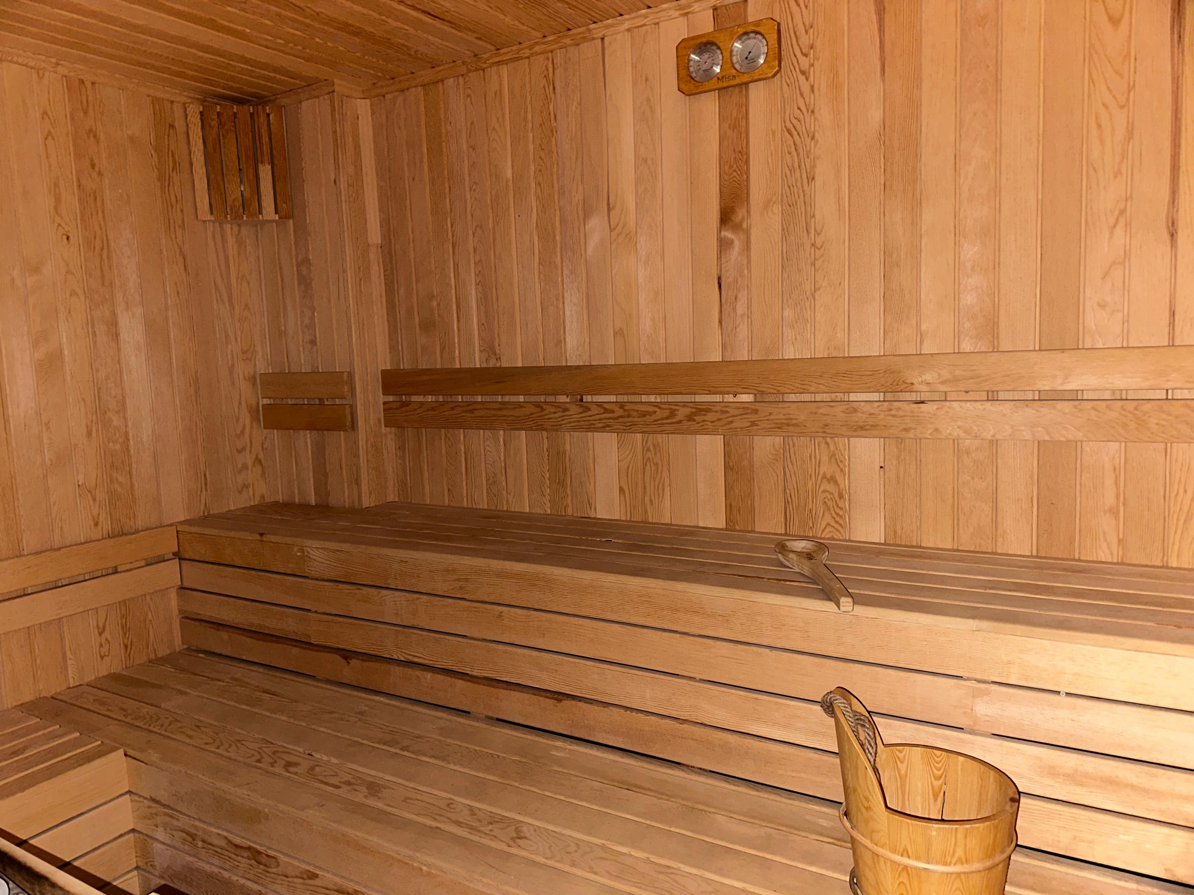 Sauna with wooden tiers, headrests and a wooden tub in Oba