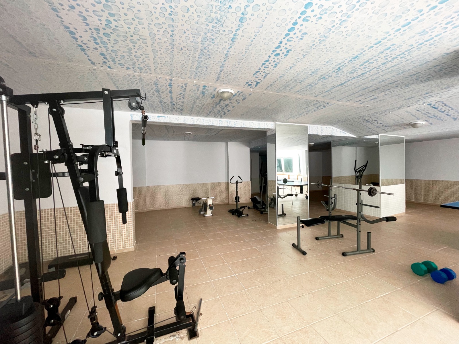 Kablolu ağırlık makinesi, halter sehpası ve duvar aynalı spor salonu, konut sakinleri için