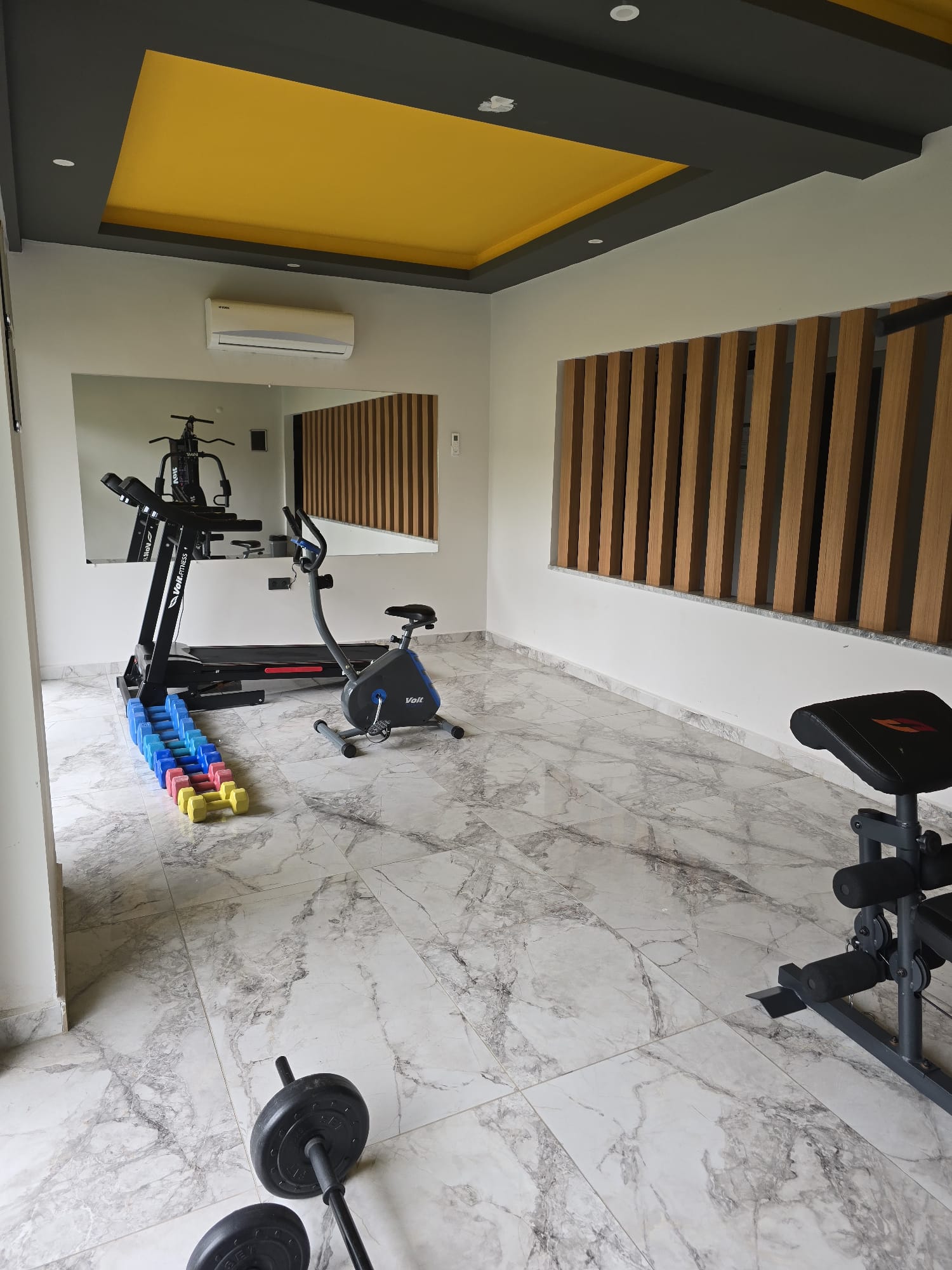 Aynalı spor salonunda kondisyon bisikleti, dambıllar ve yerde halter Tosmur’da