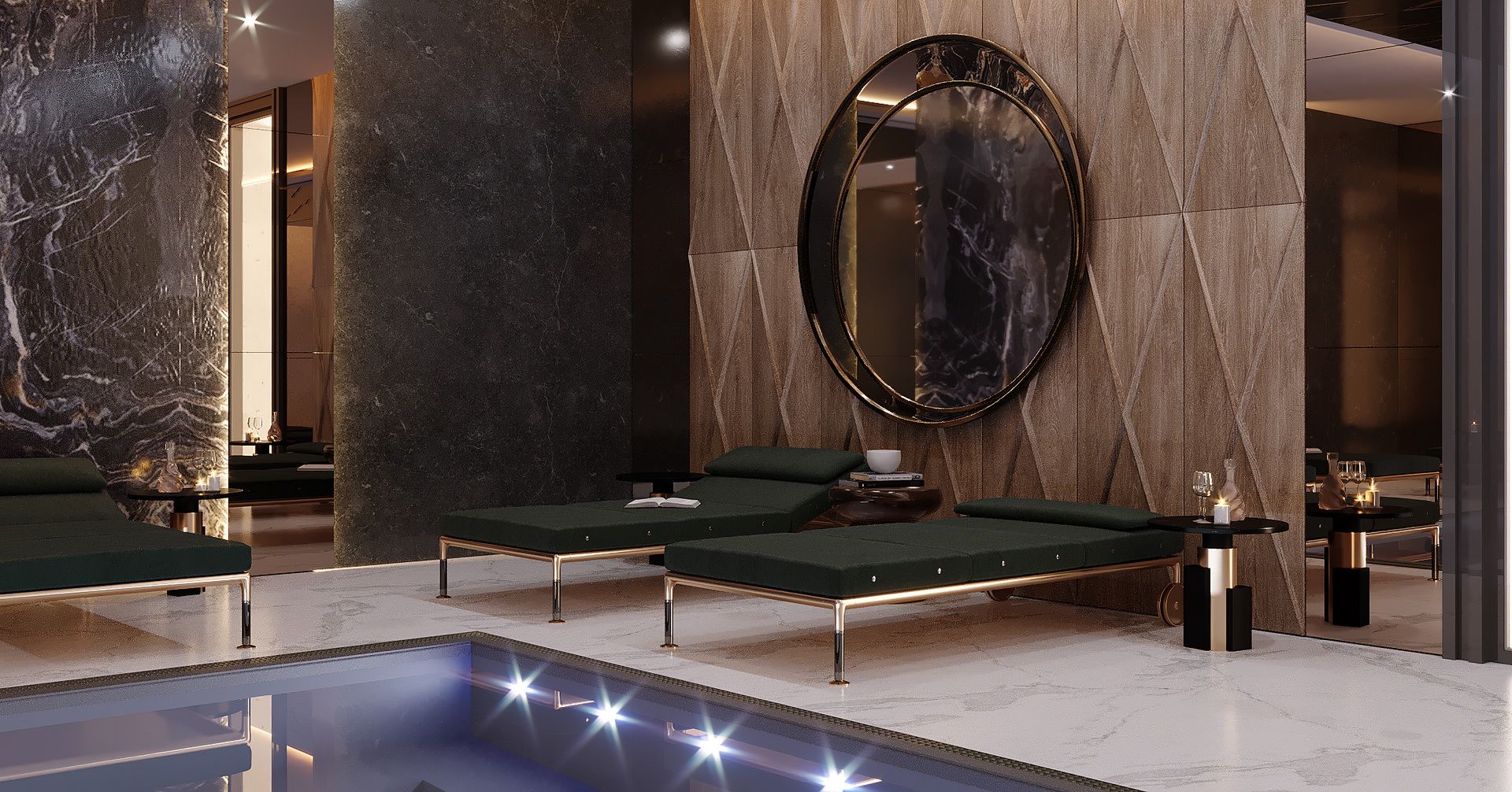 Aydınlatmalı kapalı havuz ve yeşil şezlonglar, Türkiye’de rezidansların bulunduğu spa alanında mermer zeminle tamamlanıyor