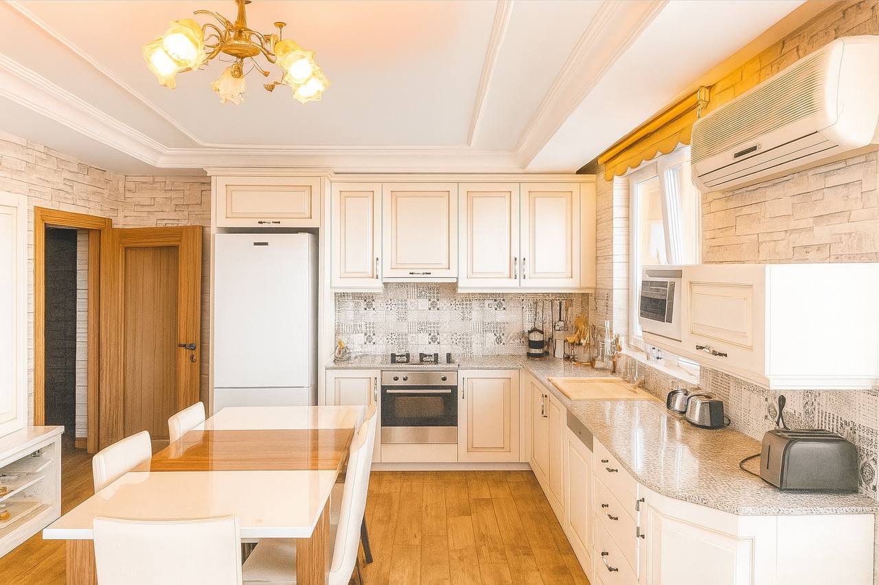 Kitchen with white cabinets, built-in appliances and a mosaic backsplash